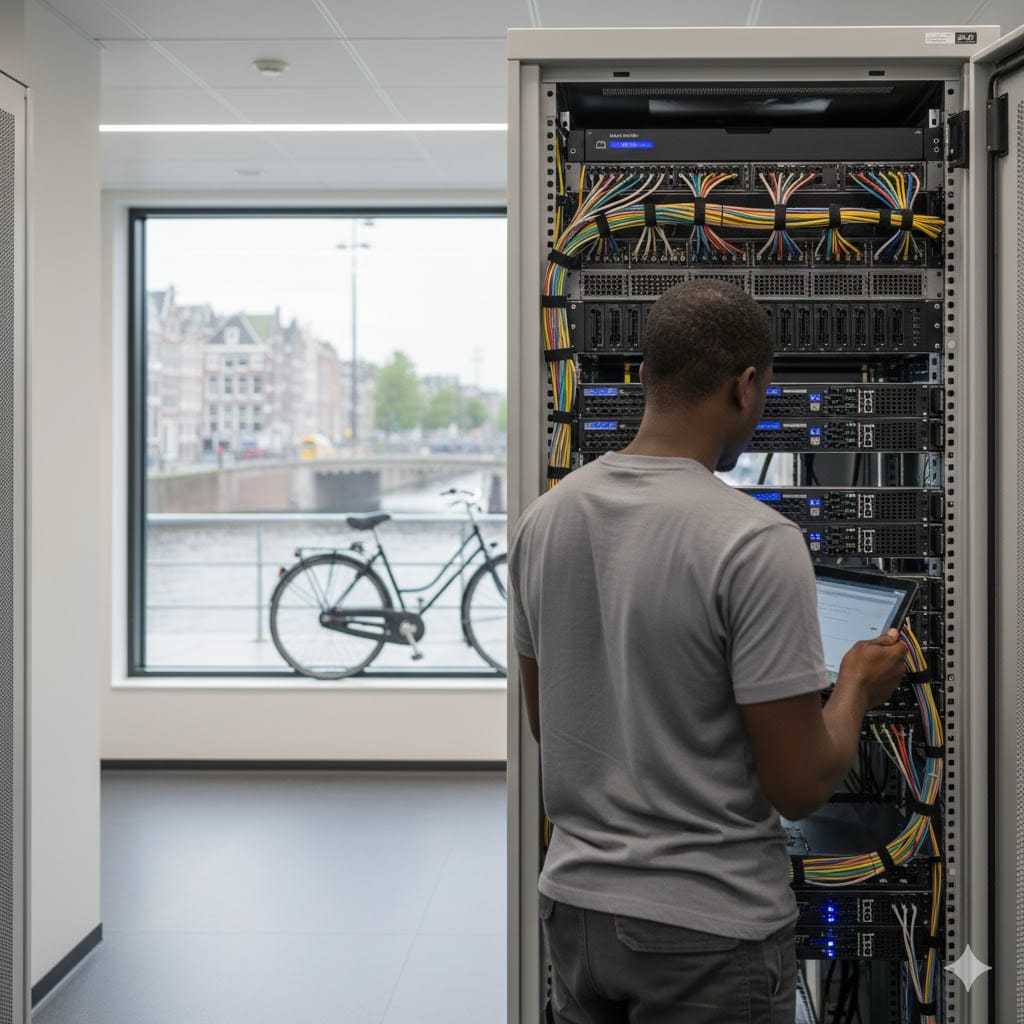An Amsterdam Smart Hands engineer working on structured rack infrastructure in a datacenter.